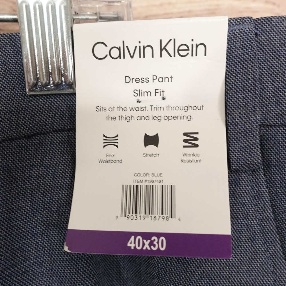 New! Calvin Klein Dress Pants Mens 40x30 Blue Slim Fit Stretch Flat Front - Picture 3 of 10